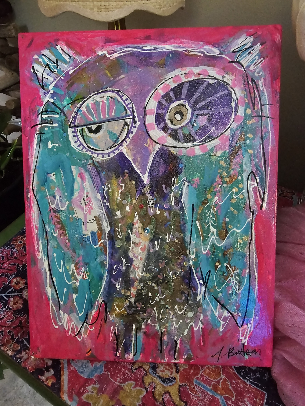 Hand-Painted Vibrant Owl Wall Art - Pink, Teal & Purple